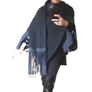 Mouche Navy Knit Cape with Fringe Shawl